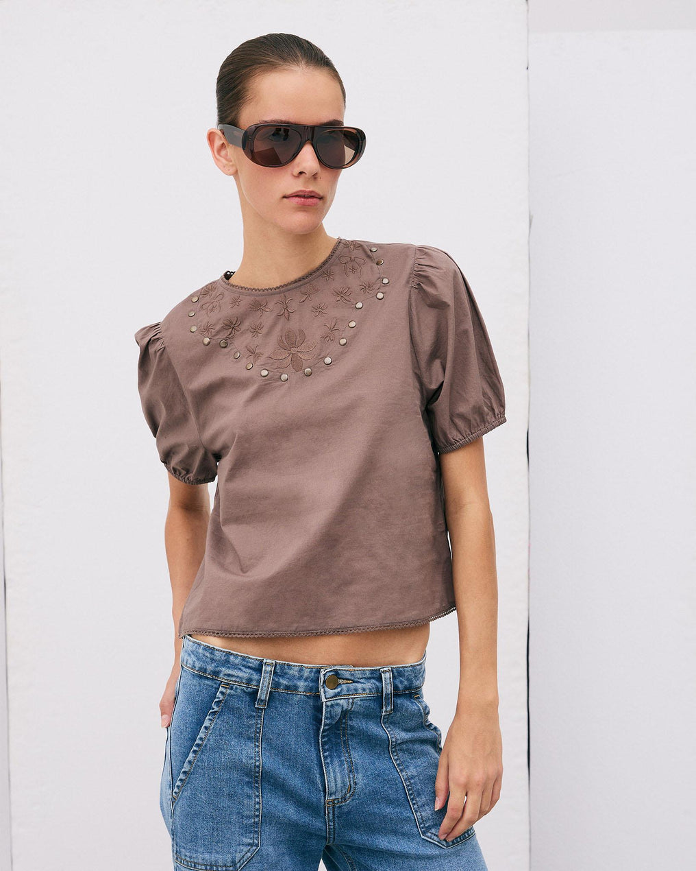 Embroidered Studded Brown Blouse