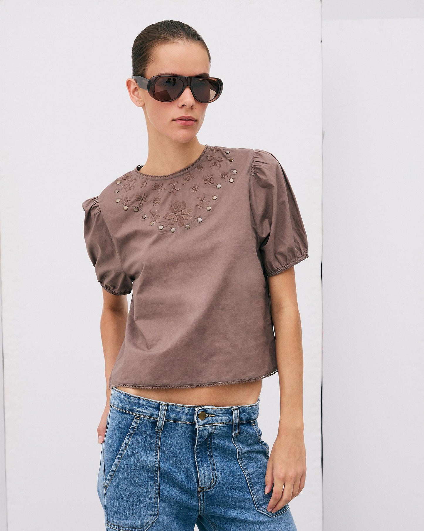Embroidered Studded Brown Blouse