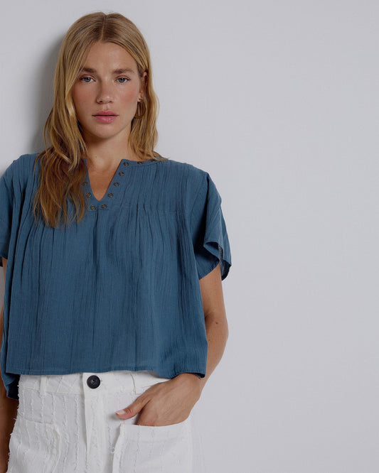 Blusa Arandelas Escote Azul