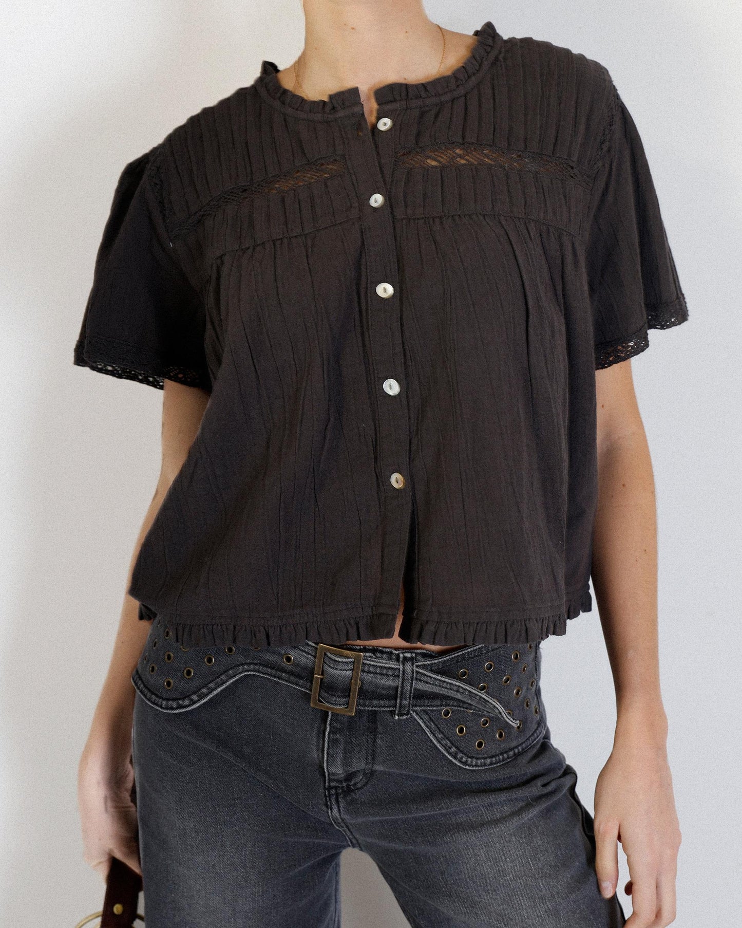 Blusa Manga Curta Renda Antracite