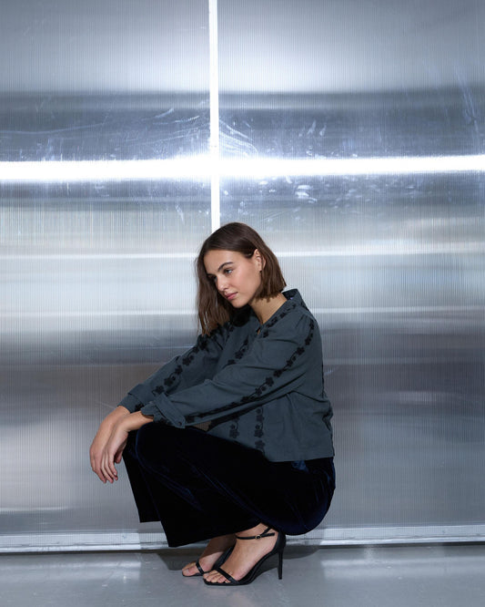 Chaqueta Botones Flores Petróleo