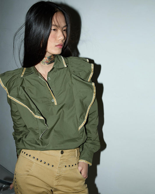 Blouse with Green Trim and Ruffles
