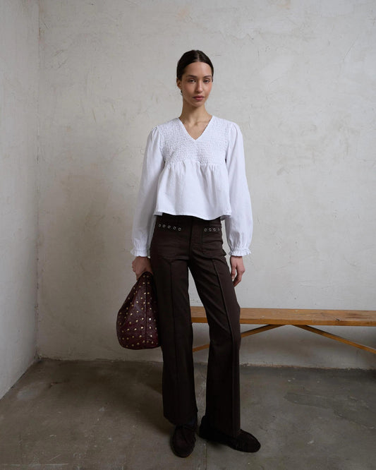 Blusa Escote Nido De Abeja Blanca