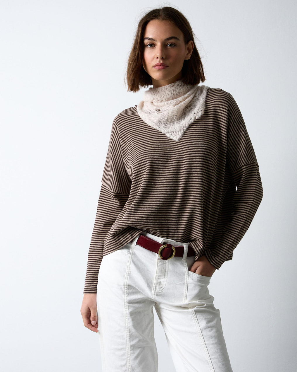 Brown Striped Round Neck T-shirt