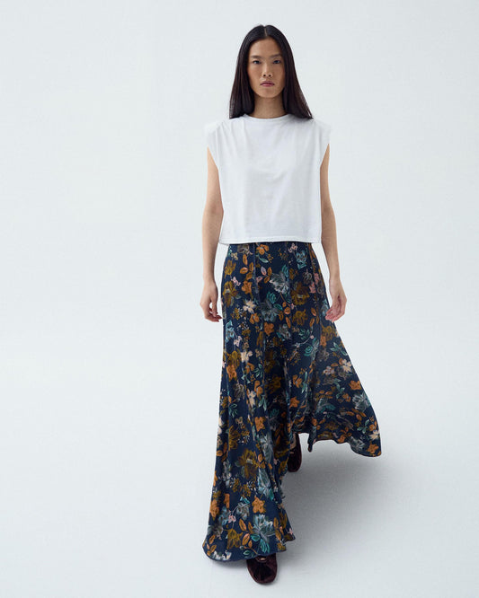 Long Skirt with Floral Print in Navy Blue