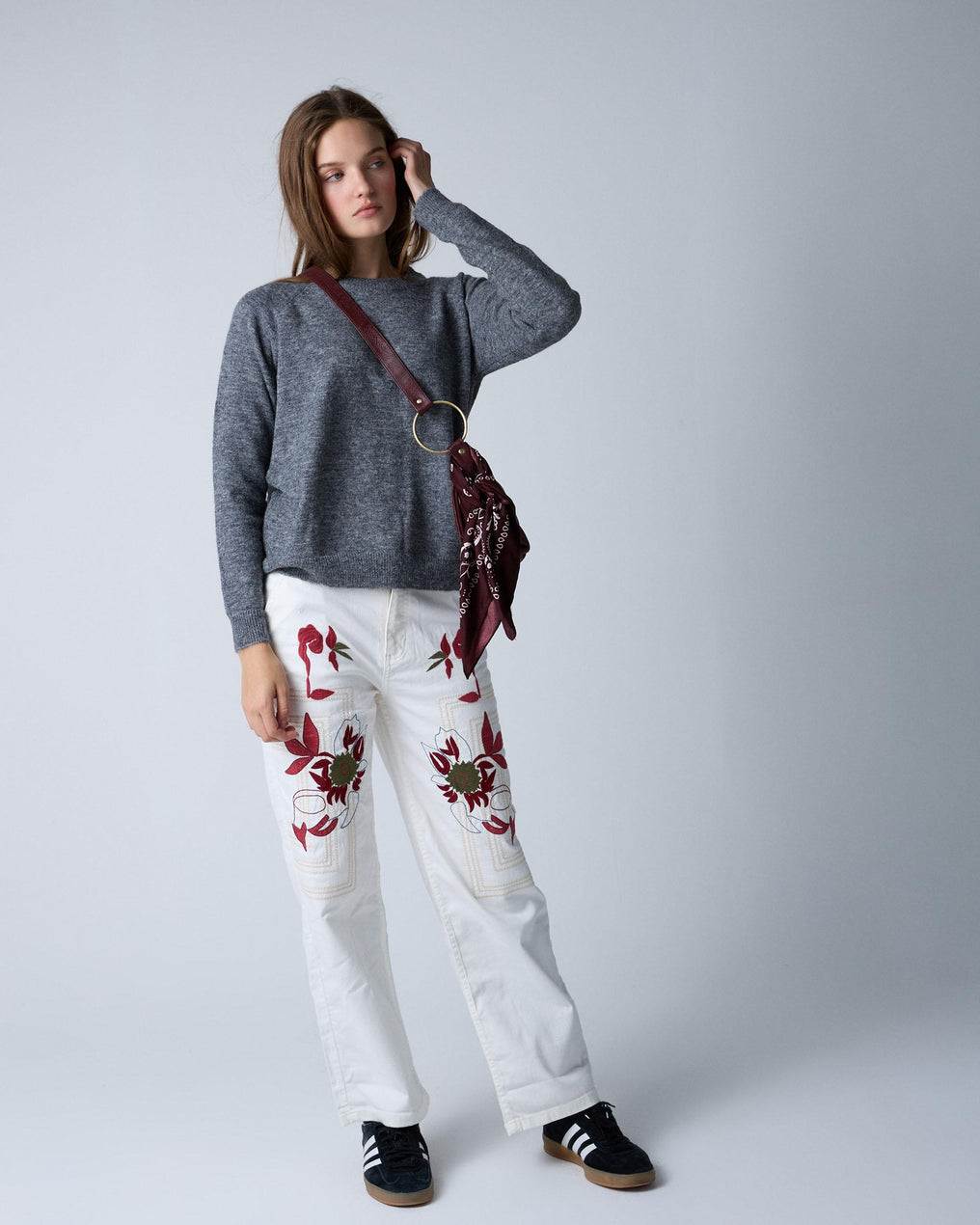 White Floral and Checkered Embroidered Jeans