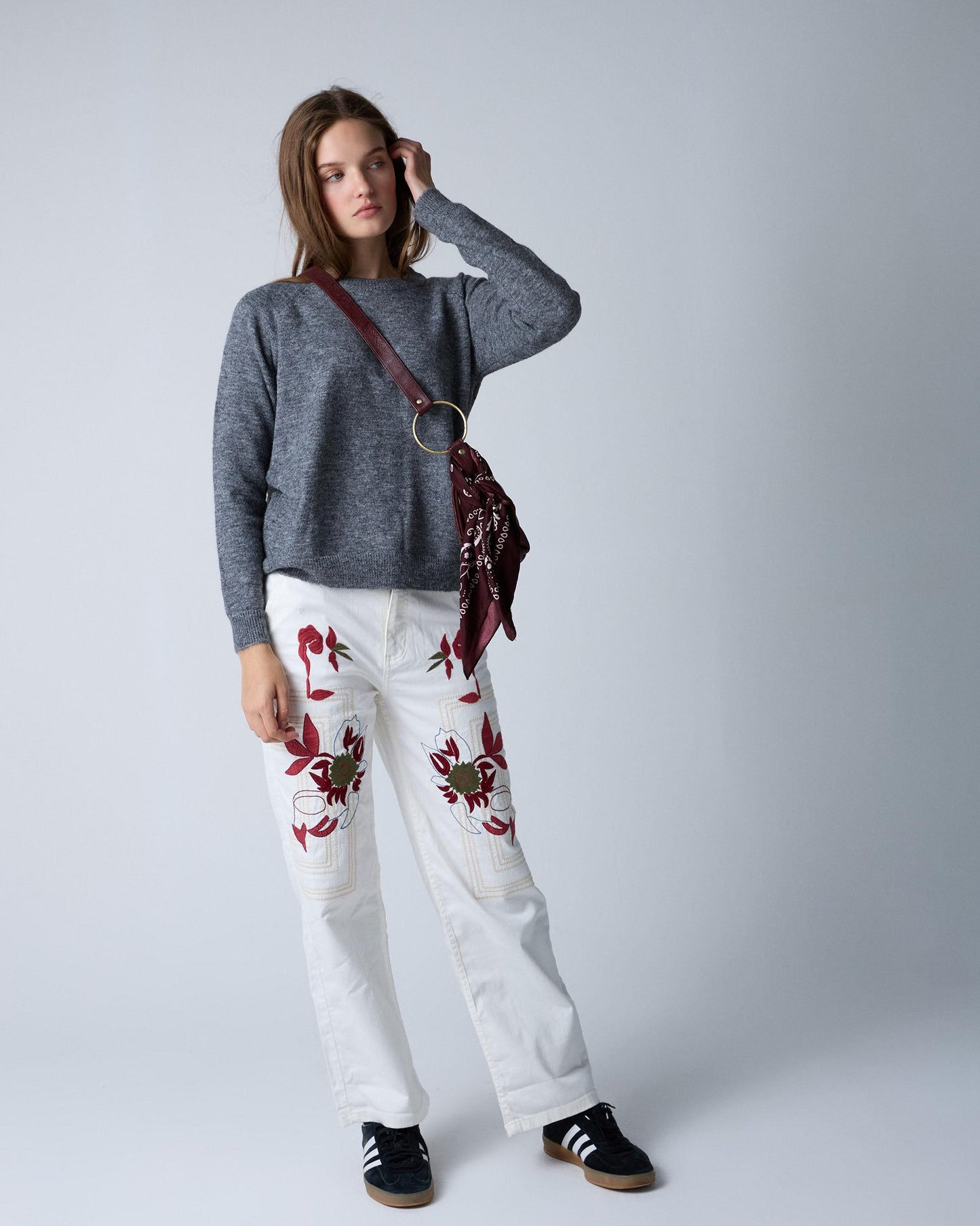 White Floral and Checkered Embroidered Jeans