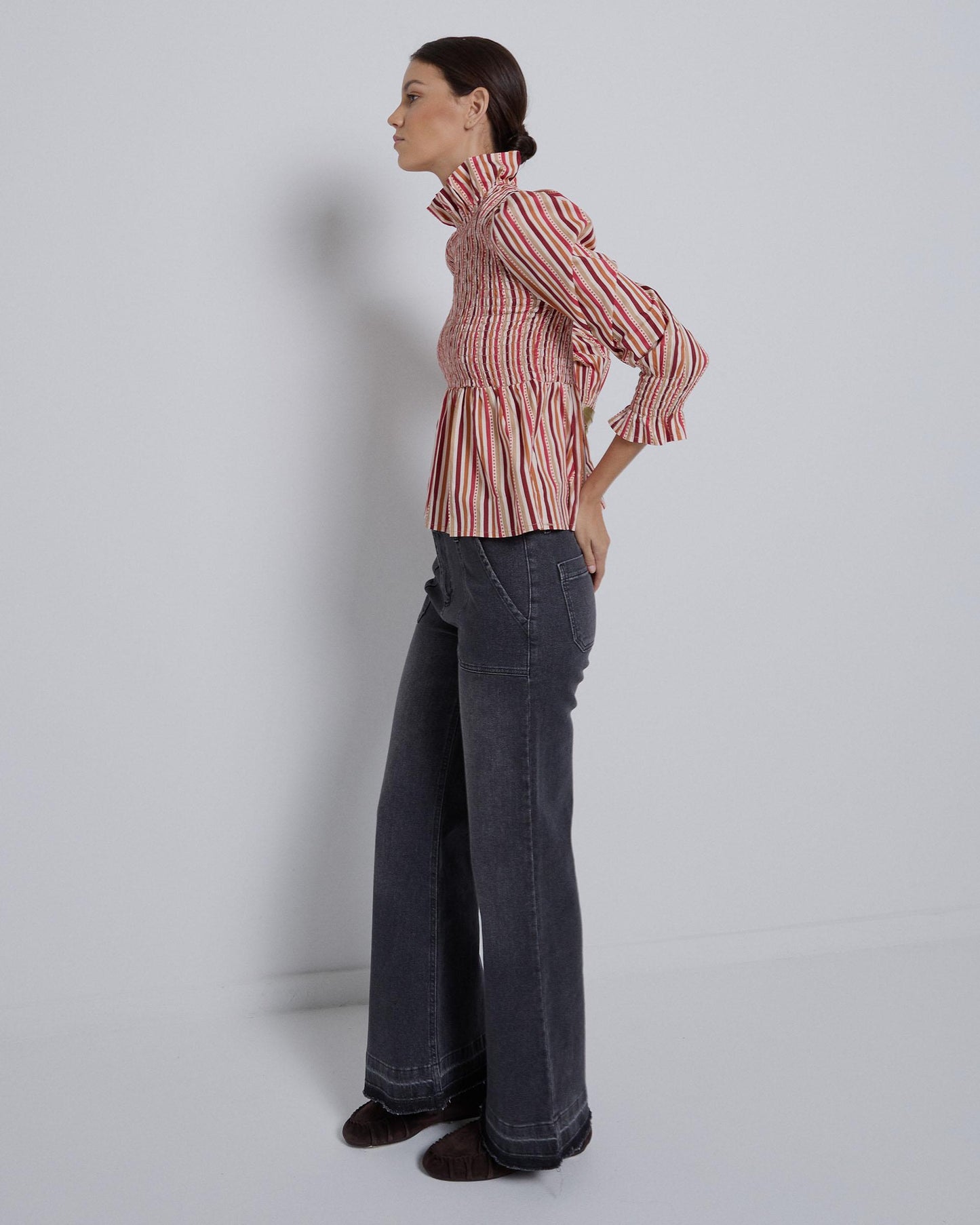 Blusa Nido De Abeja Estampado Rayas Granate