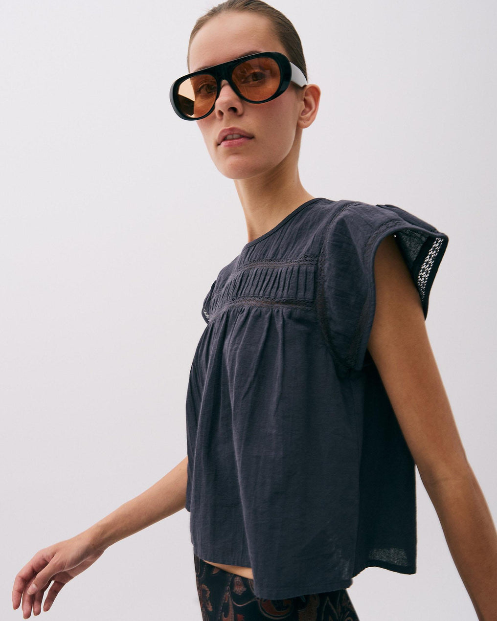 Blouse Manches Courtes Dentelle Avant Anthracite