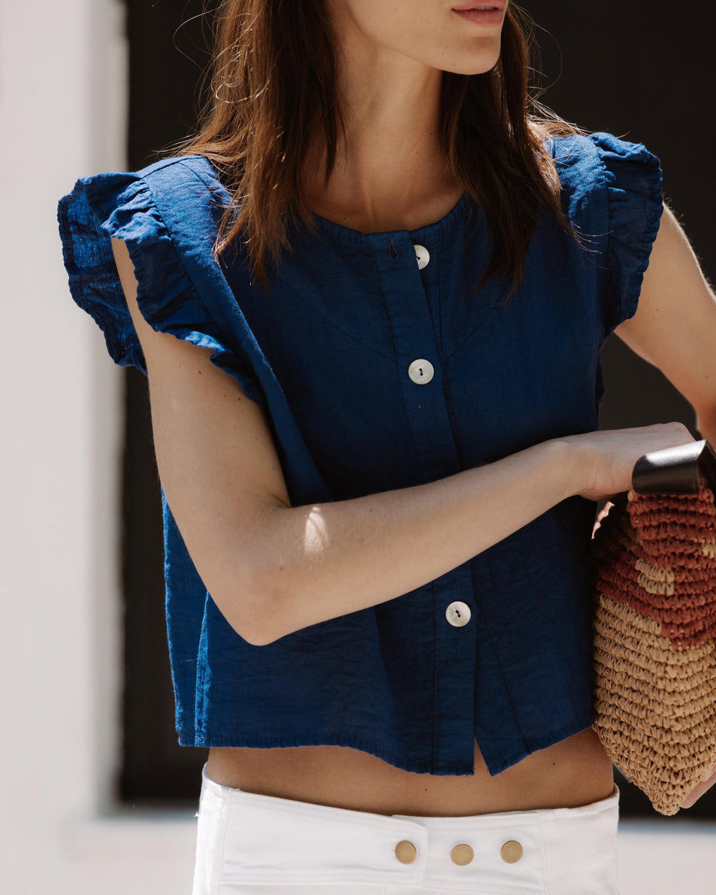 Blusa Sin Mangas Volantes Botones Azul Marino