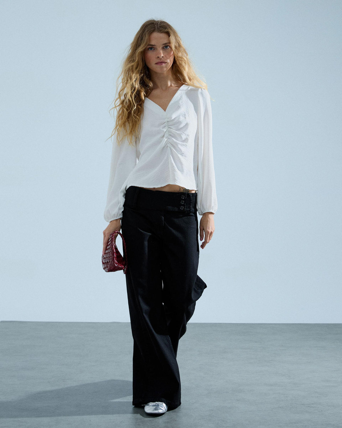 Blusa Manga Larga Frunce Blanca