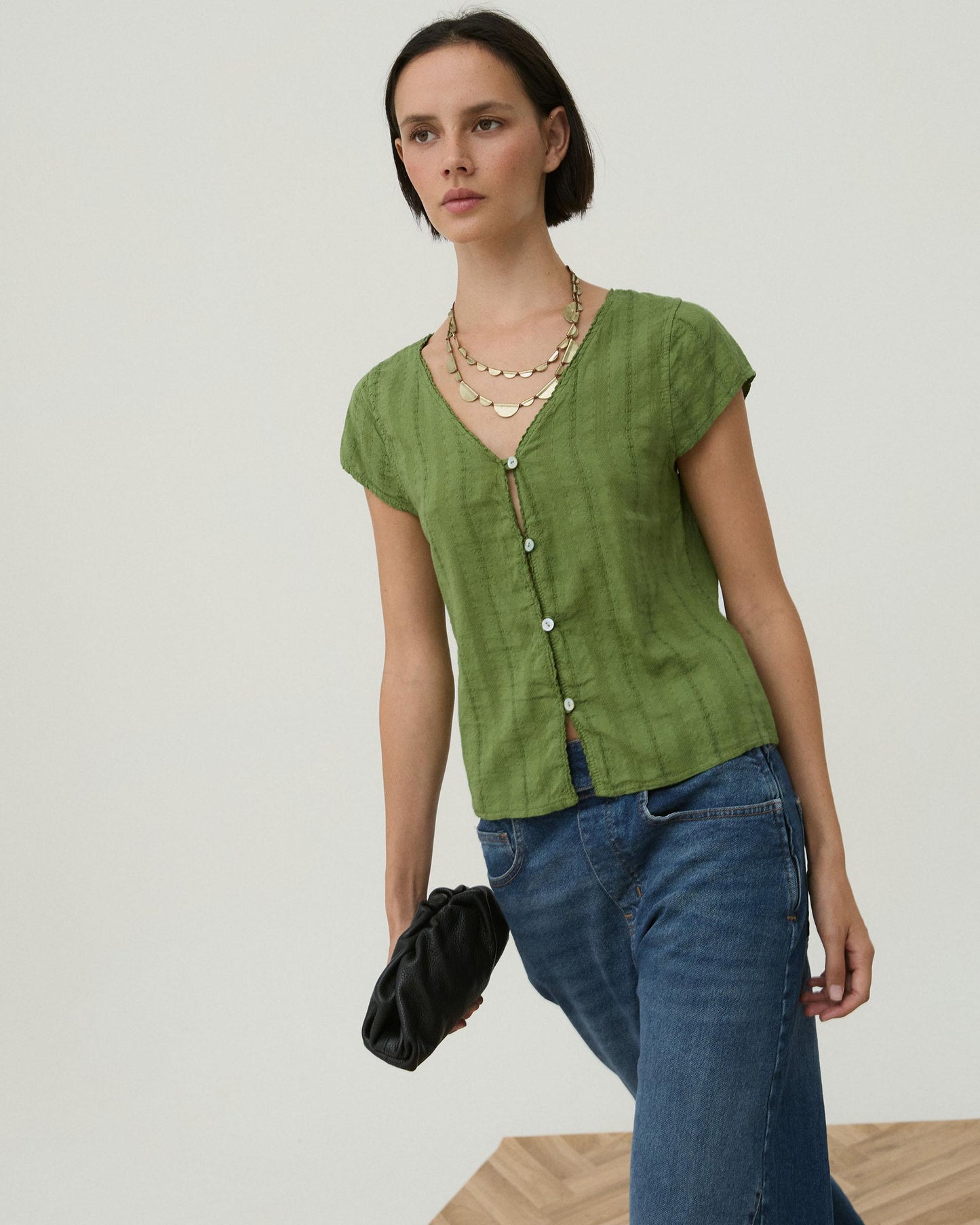 Blusa Tejido Rustico Bordados Florales Verde