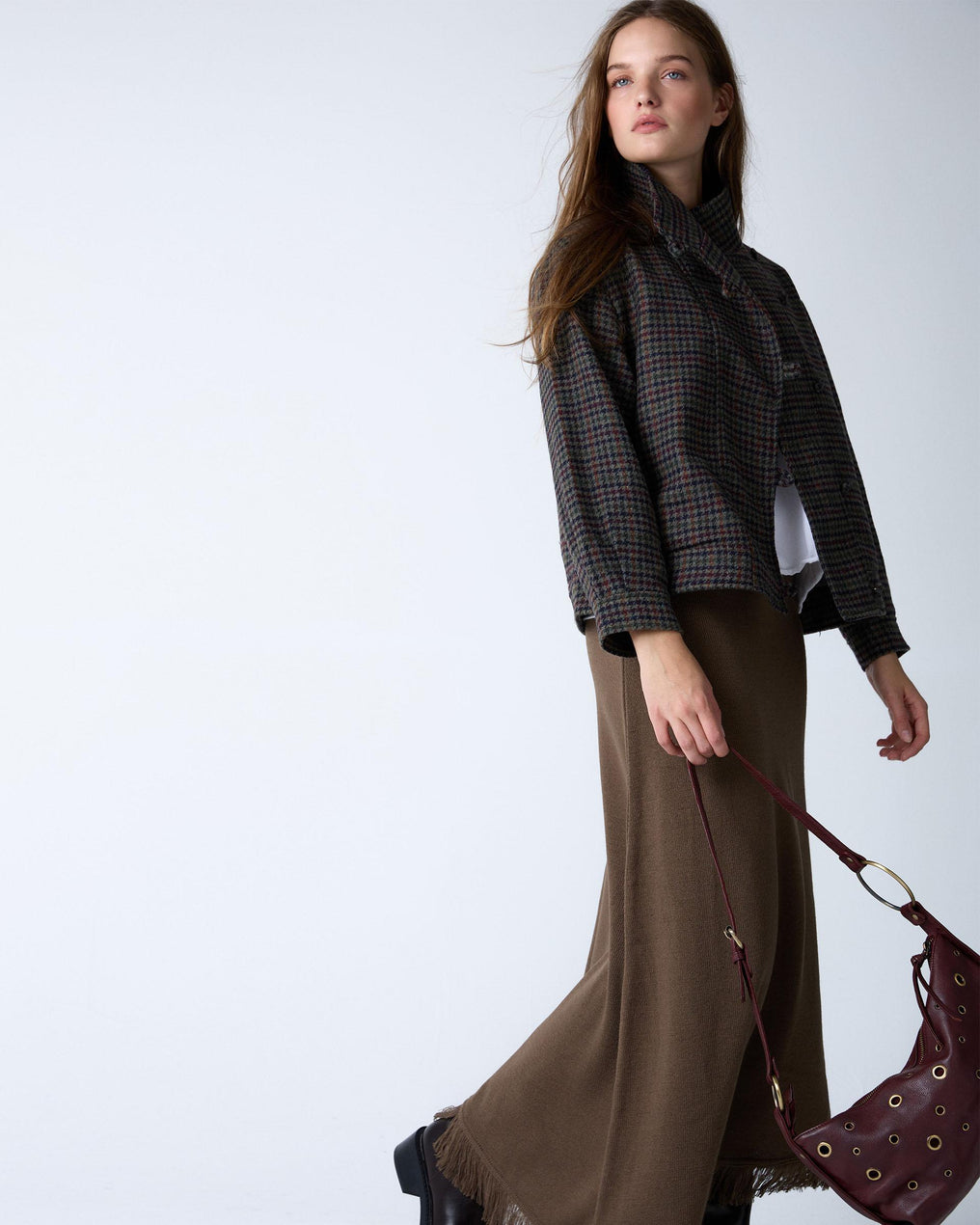 Dark Green Asymmetrical Fringed Knit Skirt