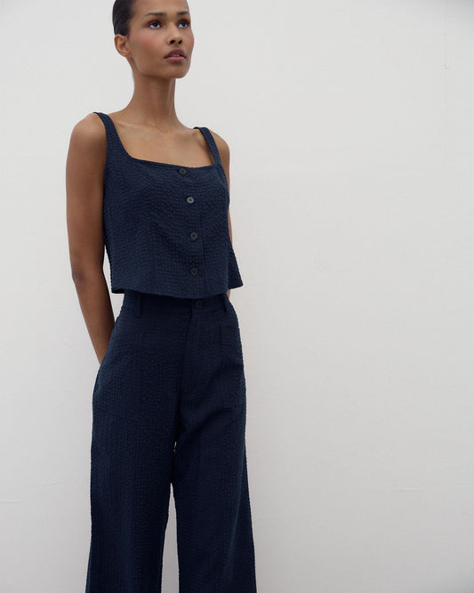 Textured Check Strap Top Navy Blue
