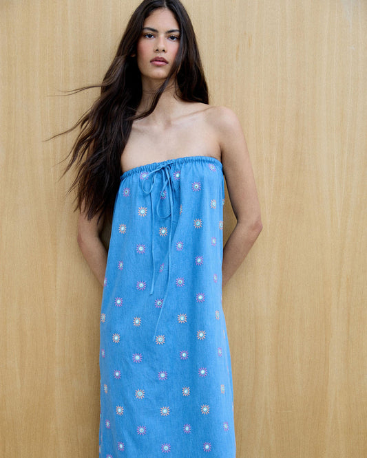 Embroidered Suns Mirrors Blue Jean Dress