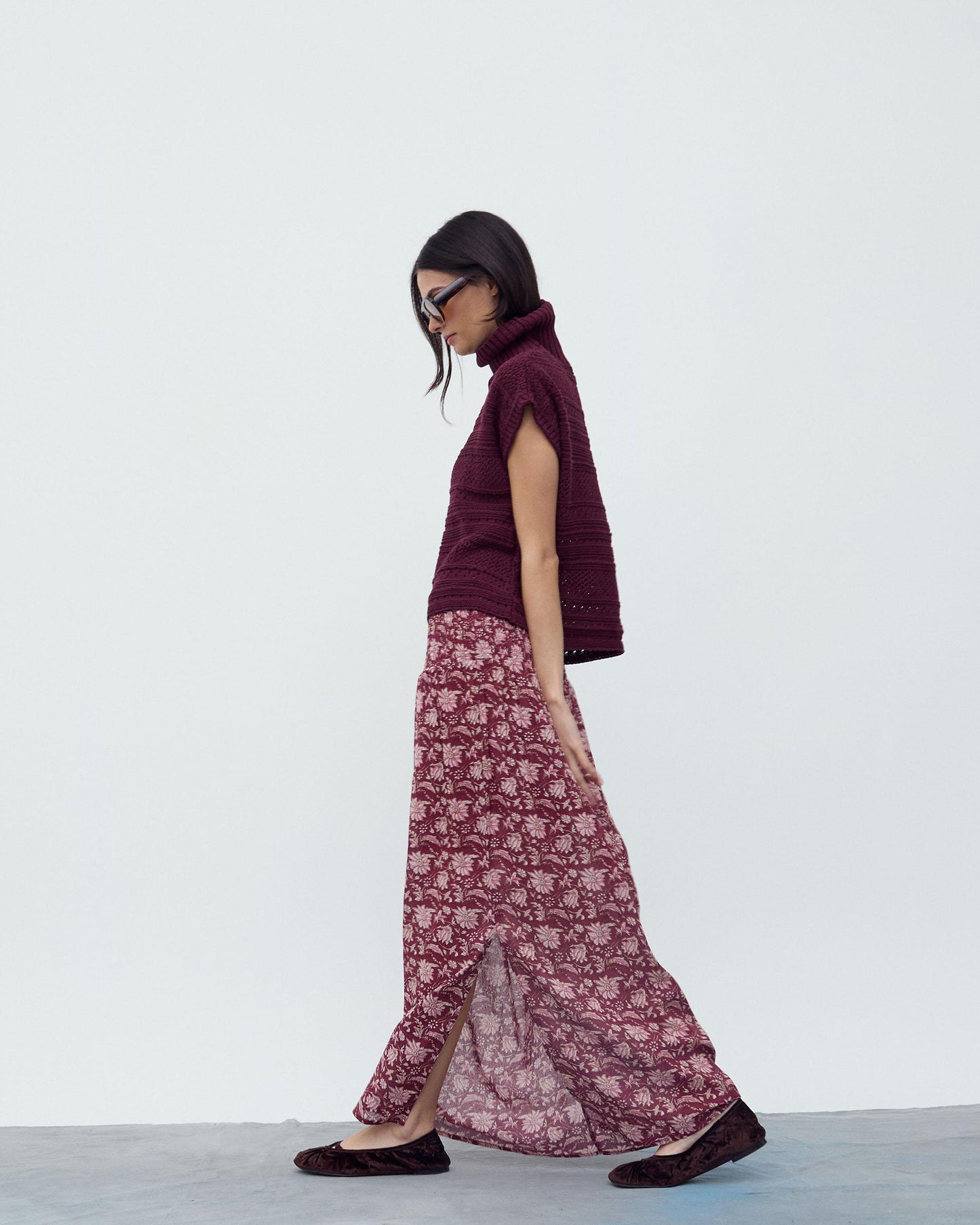 Falda Larga Nido De Abeja Estampado Floral Granate