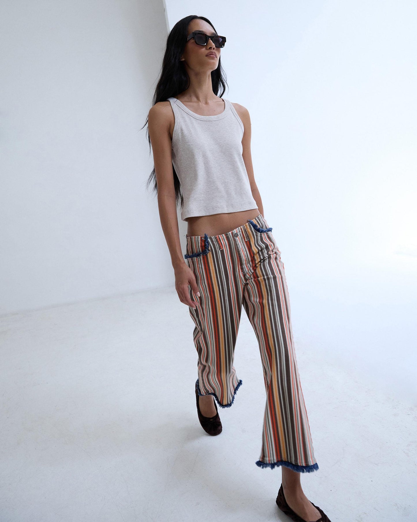 Jeans Effilochés Rayures Multicolore