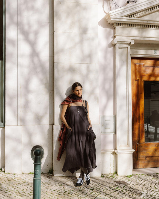 Vestido Rendas Bolsos Antracite