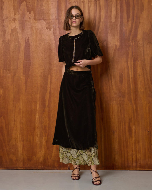 Falda Terciopelo Volante Bajo Estampado Verde Oscuro