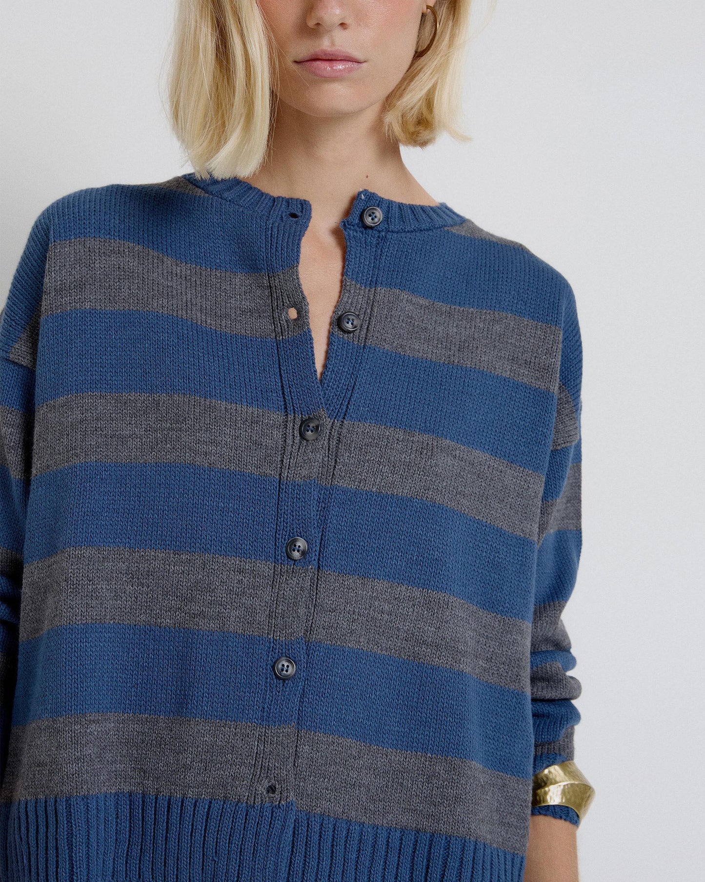 Gray Horizontal Stripes Round Neck Jacket
