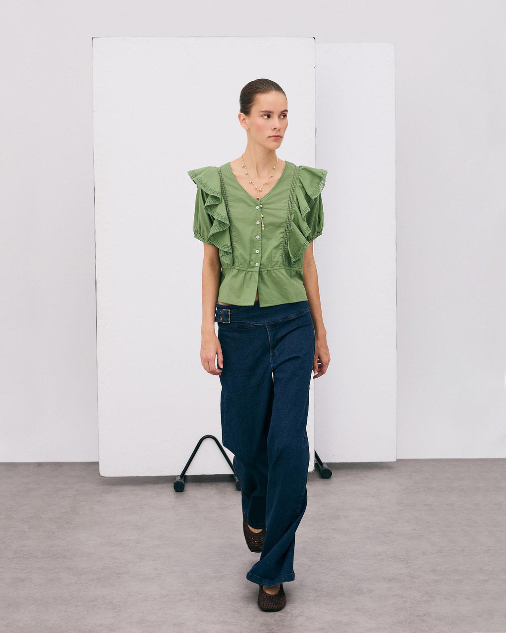 Short Sleeve Ruffle Button Up Blouse Green