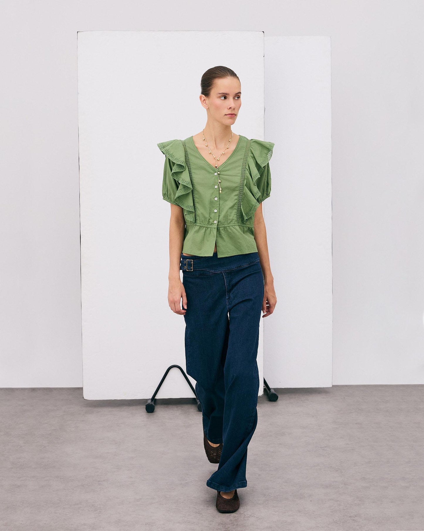 Short Sleeve Ruffle Button Up Blouse Green