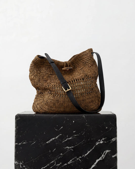 Bolso Hombro Rafia Troquelados Marrón