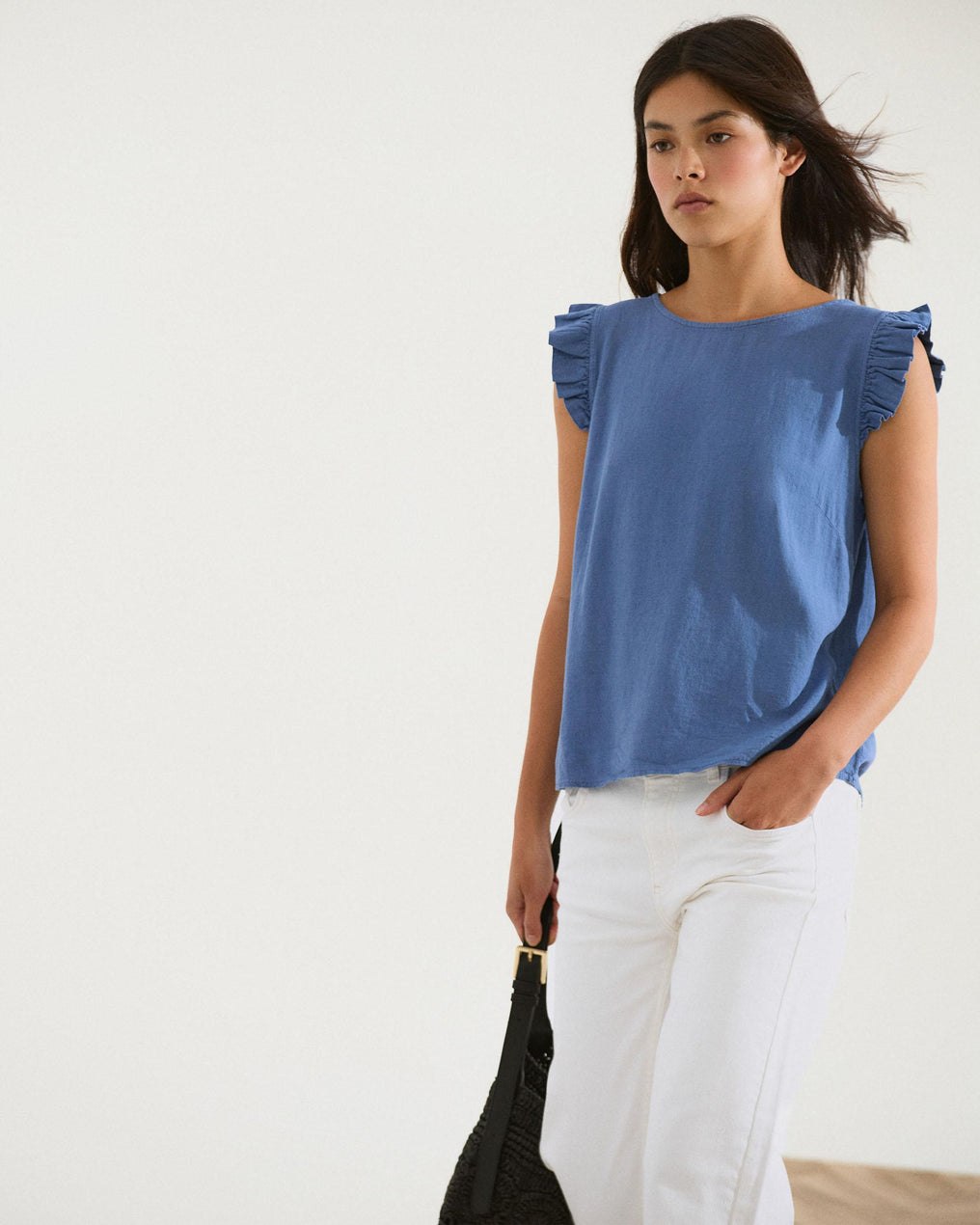 Blue Linen Back Button Top