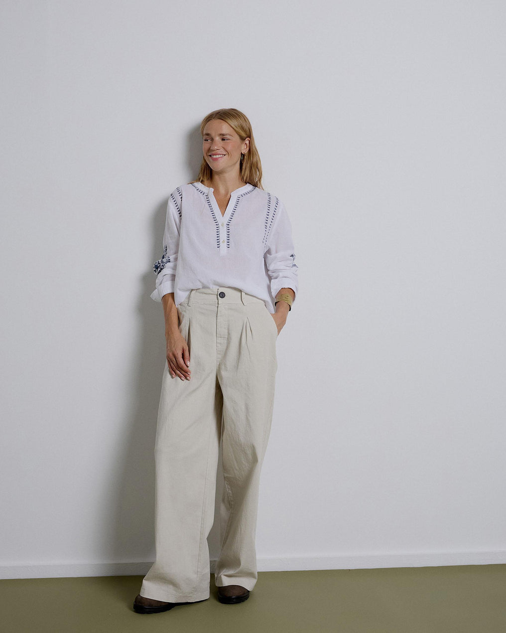 Beige Long Pleated Trousers
