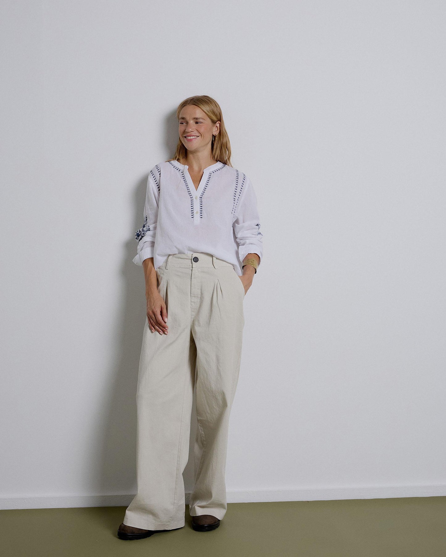 Beige Long Pleated Trousers