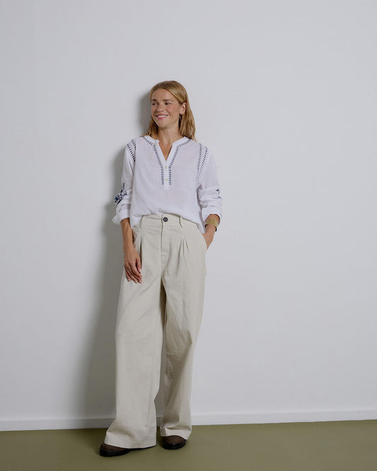 Beige Long Pleated Trousers