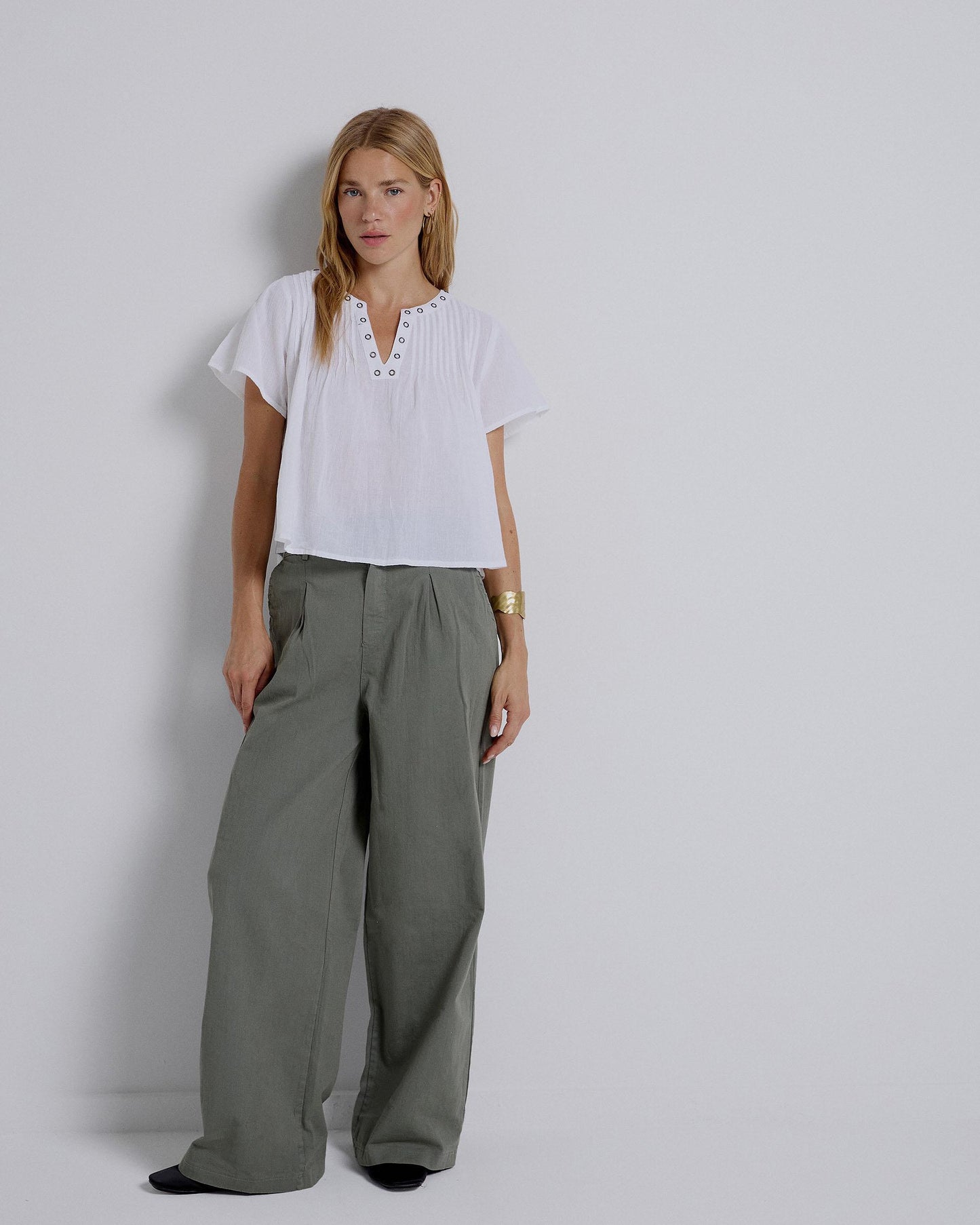 Long Trousers with Dark Green Pleats