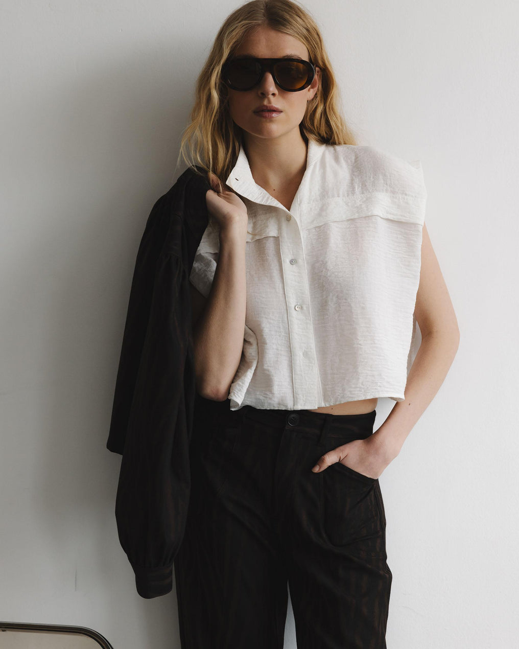 White Sleeveless Blouse with Shoulder Pads