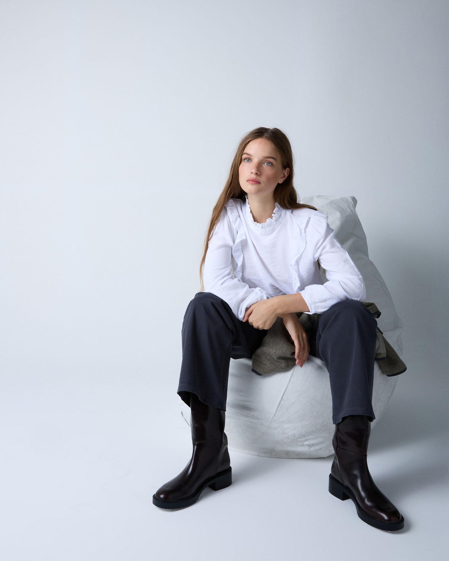 White Blouse with Side Ruffles and Collar