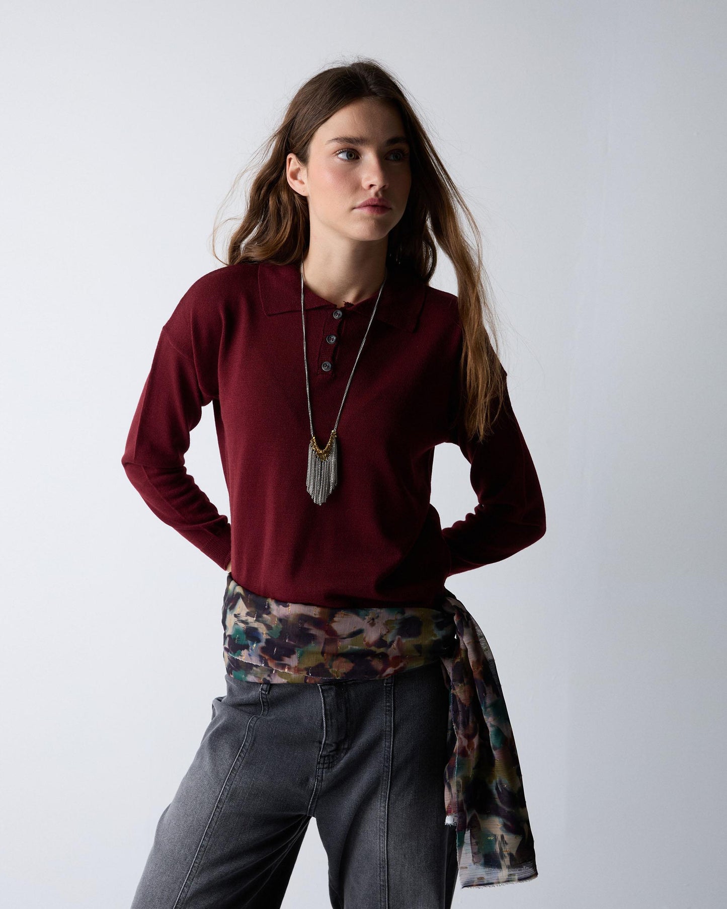 Maroon Fine Knit Polo Sweater