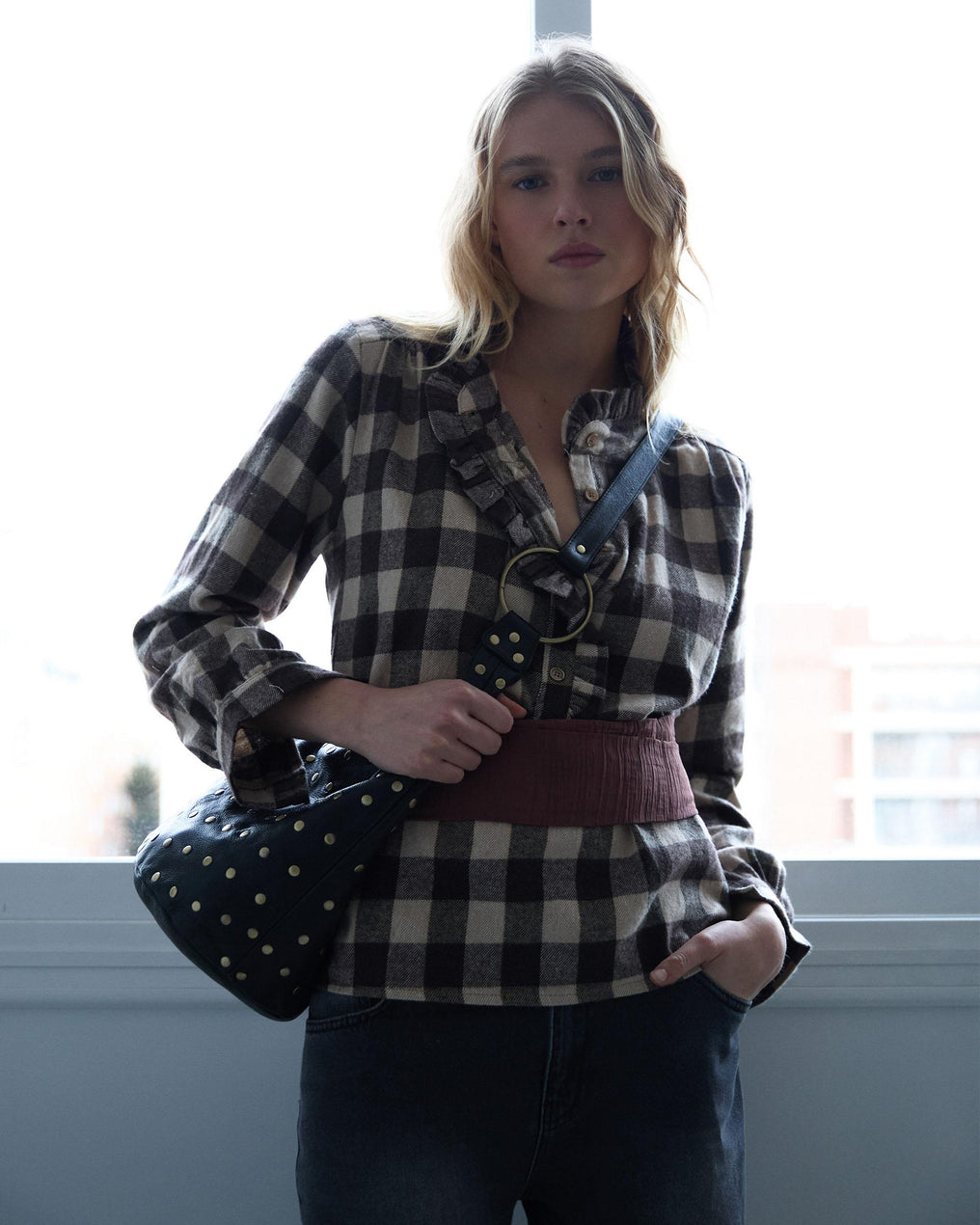 Brown Gingham Blouse with Ruffle