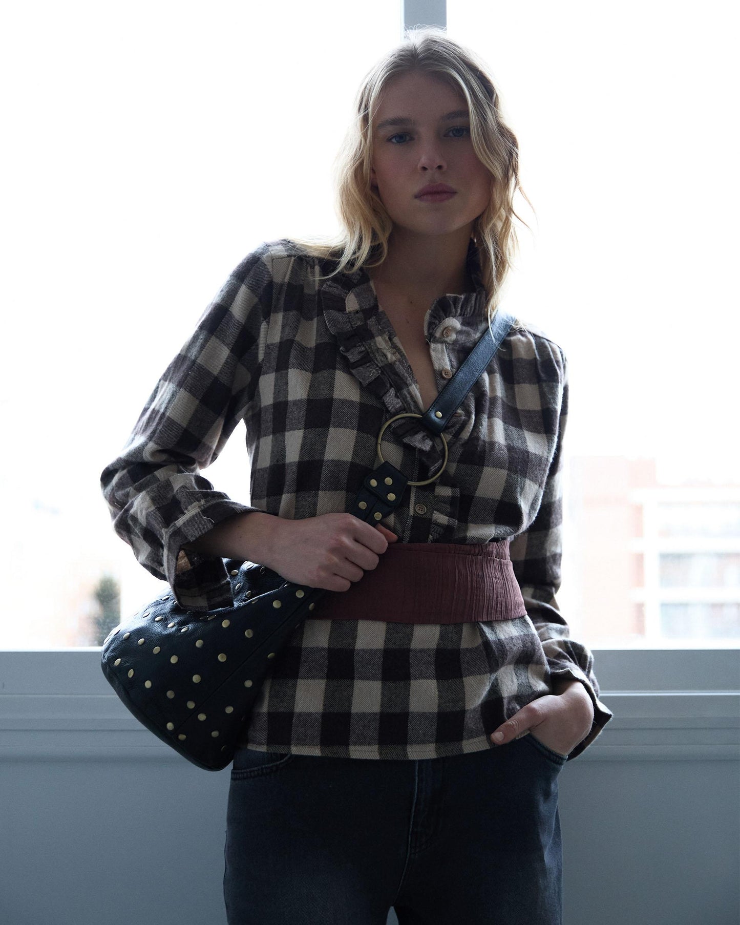 Brown Gingham Blouse with Ruffle