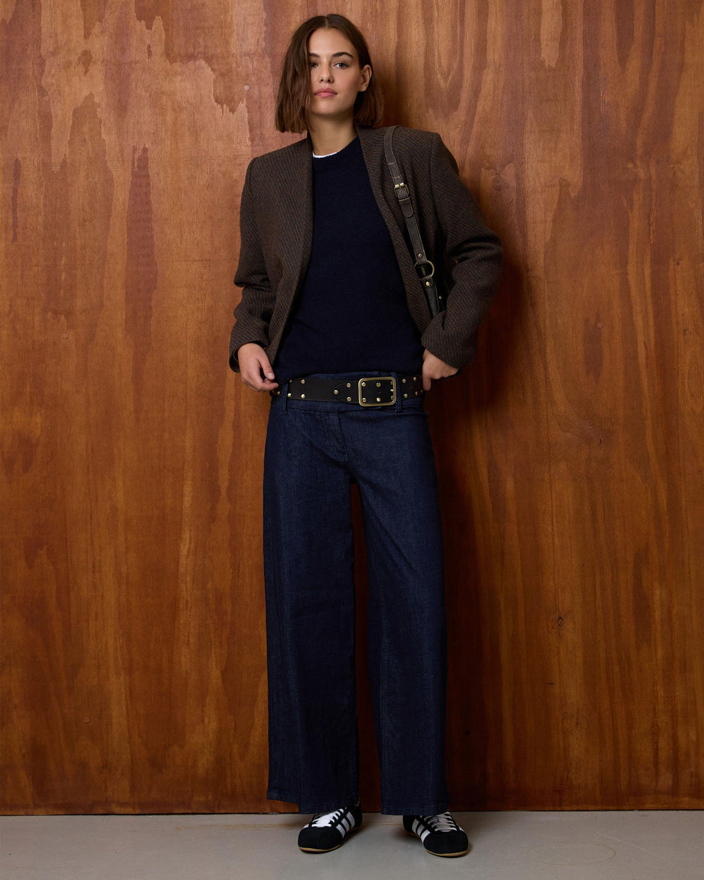 Chaqueta Cuello Subido Rayas Mezcla Lana Marrón