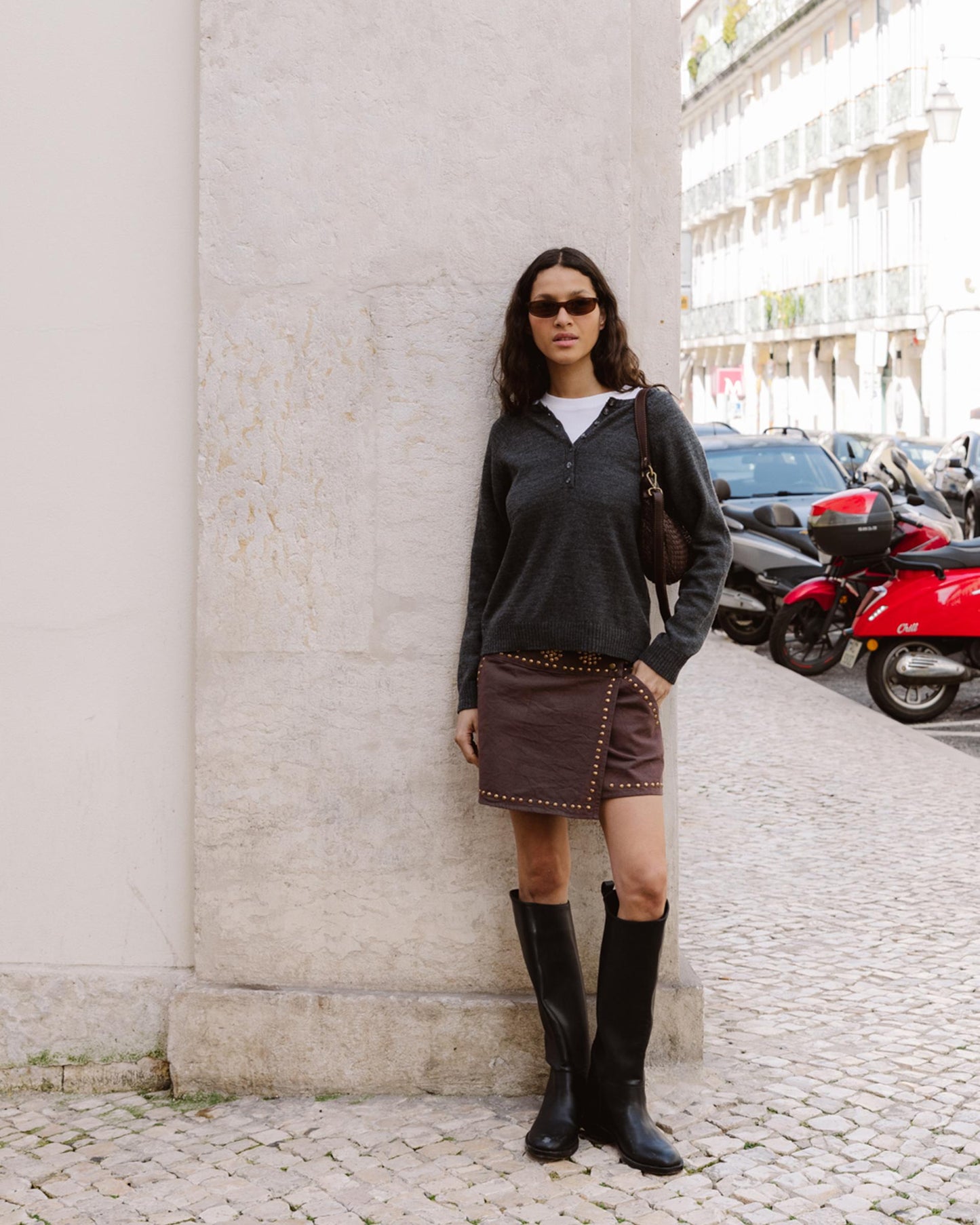 Brown Canvas Studded Mini Skirt