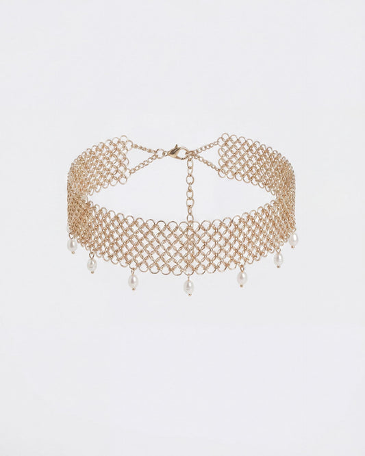 Gold Pearl Grid Choker