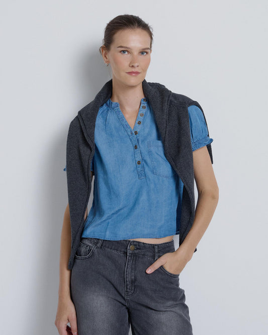 Blusa Denim Manga Corta Azul Jeans