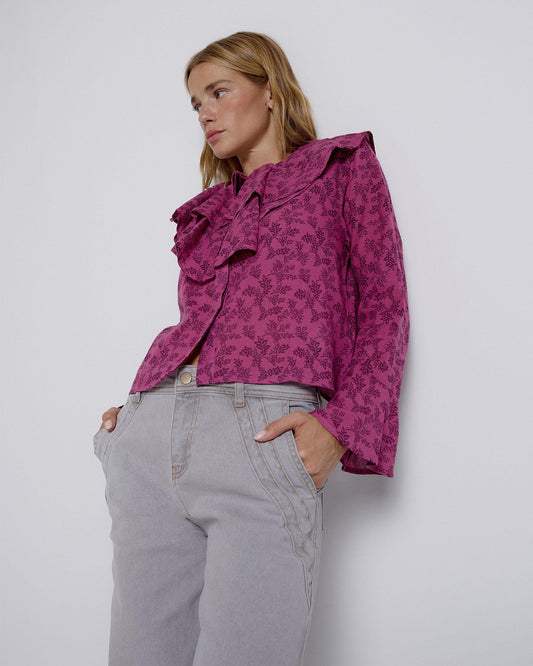 Pink Printed Asymmetrical Ruffle Blouse