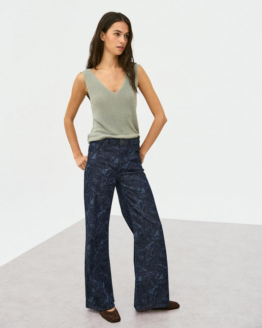 Jeans Wide Leg Estampado Azul Escuro