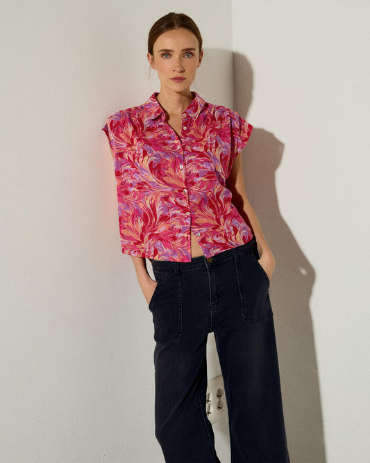 Blusa sem mangas com pregas, estampado floral fúcsia