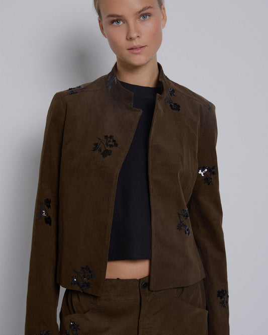 Chaqueta Micropana Flores Lentejuelas Verde Oscuro