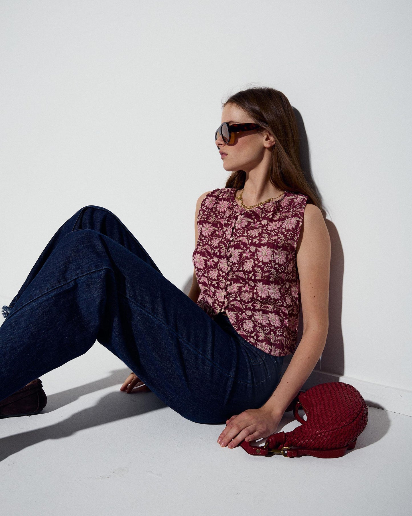 Top with Covered Buttons in a Burgundy Floral Print