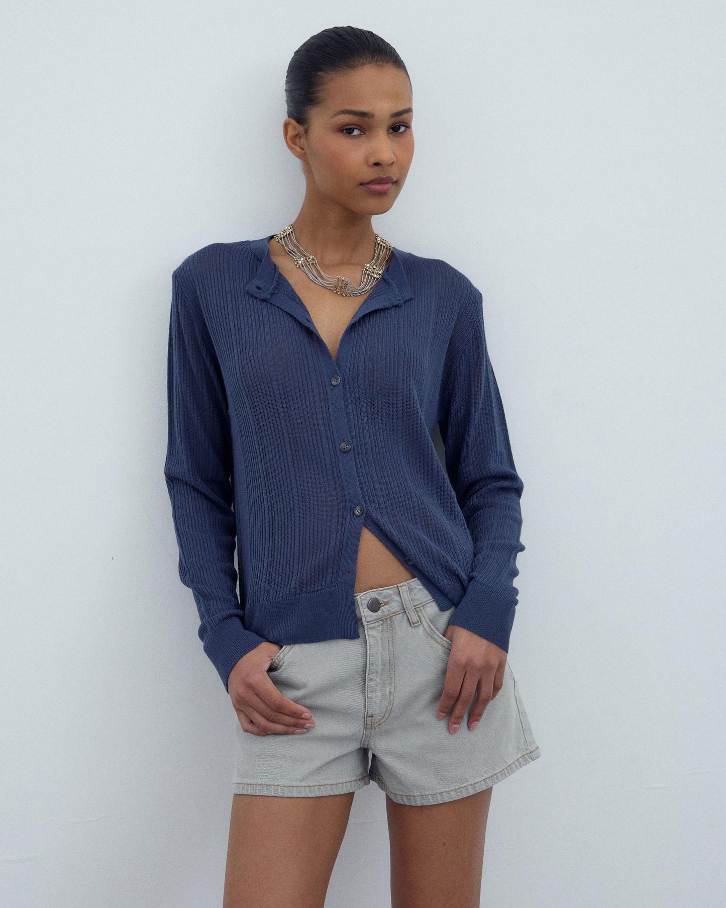 Veste Maille Côtelé Bleu