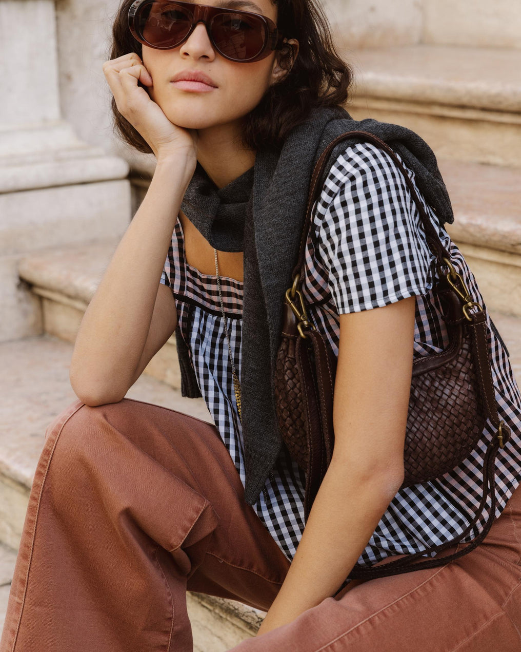 Gingham Blouse with Black Contrast