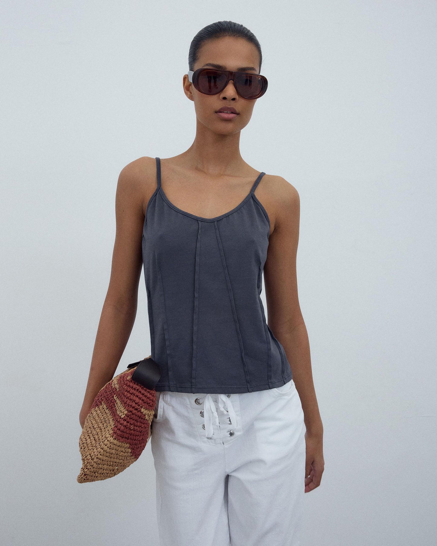 T-shirt Alças Nervuras Antracite