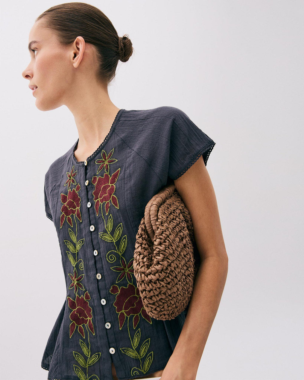 Anthracite Floral Embroidered Sleeveless Blouse